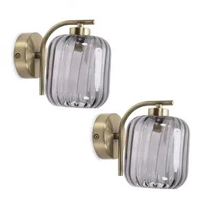 ValueLights Amelie Pair of - Gold Curved Bar Wall Light with Smoked Ribbed Glass Shade