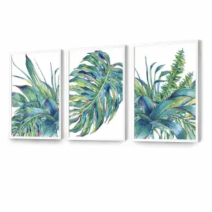 Set of 3 Watercolour Green Blue Tropical Leaves Wall Art Prints / 42x59cm (A2) / White Frame