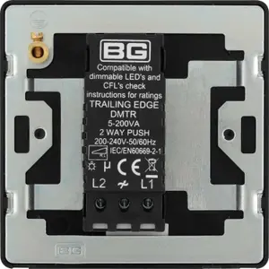 BG Evolve 200W Single Dimmer Switch, 2 Way, Screwless, Black Chrome