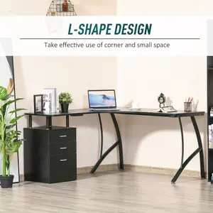 HOMCOM L-Shaped Corner PC Desk Table w/ Drawer Home Office Workstation, Black