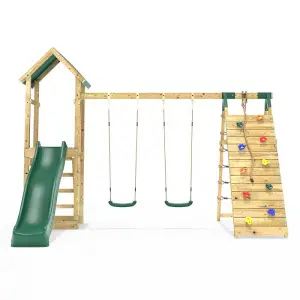 Rebo Challenge Wooden Climbing Frame with Swings, Slide and Up & over Climbing wall - Greenhorn