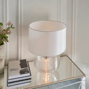 Eastcombe Clear Ribbed Glass with Bubbles a Vintage White Faux Silk Shade Modern Classic Style 2 Light Table Light