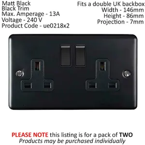 2 PACK 2 Gang Double UK Plug Socket MATT BLACK 13A Switched Power Outlet