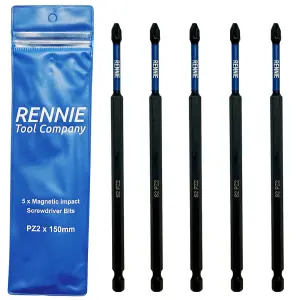 Rennie Tools 5 Pack PZ2 x 150mm Long Magnetic Impact Driver Screwdriver Bits Set Pozidriv (Pozi 2)