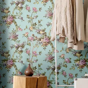 Galerie Cottage Chic Blue Trailing Floral Motifs EcoDeco Material Wallpaper Roll