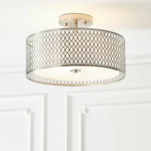 Low Ceiling Geometric Light Satin Nickel Glass & Fabric Round Modern Lamp Shade