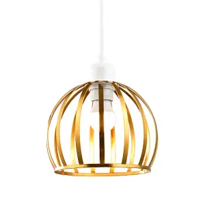 Vintage Round Cage Pendant Shade with Brushed Gold Metal Strips - Chic Design