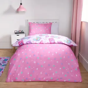 Gaming Duvet Cover Set Reversible Quilt Pillowcase Bedding, Pink - Single