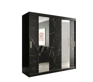 Elegant Black Geneva Sliding Door Wardrobe W2000mm H2000mm D620mm - Mirrored Doors, Gold Handles, Large Storage