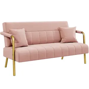 Yaheetech Pink Upholstered Sofa Couch with 2 Pillows and Gold-tone Metal Arms