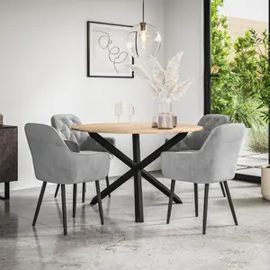 Malvern Round Dining Table And Chairs -  Oak Table Top w Solid Black Oak Legs + Anika Velvet Dining Chair Set Of 4 (Grey)