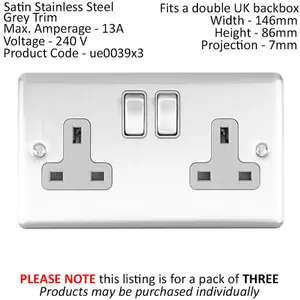 3 PACK 2 Gang Double UK Plug Socket SATIN STEEL & Grey 13A Switched Outlet