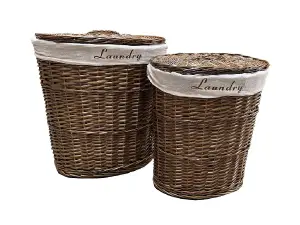 Oval Wicker Laundry Basket With Lid & Removable Cotton Lining Brown Medium 32x42x49 cm