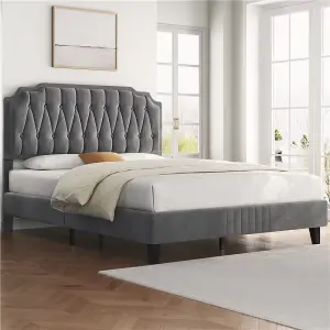 Yaheetech Dark Grey 4ft6 Double Upholstered Bed Frame with Button-Tufted Adjustable Headboard and Wooden Slat Support