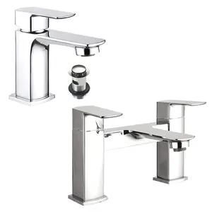 Rounded Square Chrome Basin Tap & Bath Filler Tap Pack Including Full Cover Slotted Basin Waste