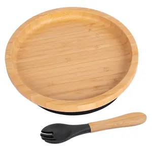 Bamboo Round Baby Weaning Plate & Fork Set - Black