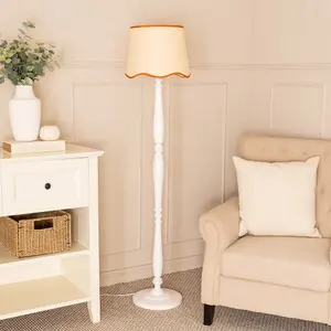 ValueLights Victoria White Wood Candlestick Floor Lamp with Linen Scallop Rust Trim Tapered Shade