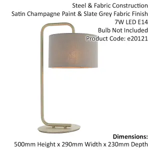 Satin Champagne Table Lamp Light - 23cm Grey Fabric Cylinder Shade - Desk Light