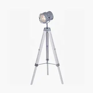 Retro White Wash and Silver Metal Tripod Floor Lamp