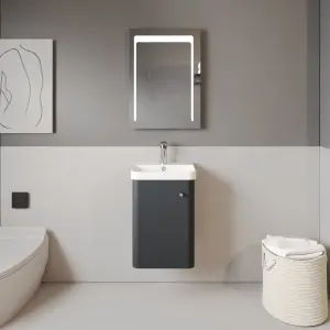 Wall Hung 1 Door Vanity Unit with Ceramic Sink - 400mm - Soft Black