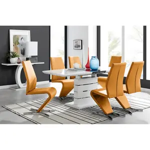 Renne Modern High Gloss Extendable Dining Table Set With 6 Modern Design Faux Leather Dining Chairs Mustard