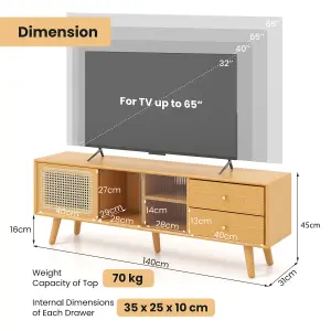 Costway Bamboo TV Stand for TVs up to 65" Modern TV Cabinet Console Table w/ 2 Drawers