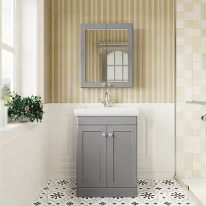 Traditional Floor Standing 2 Door Vanity Unit with 1 Tap Hole Fireclay Basin, 600mm - Satin Grey