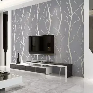 Grey Tree Texture Patterned Suede Effect No Woven Embossed Wallpaper