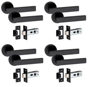 4 Set Delta Design Door Handle On Round Rose Latch Door Handles with 2.5" Tubular Latch Matt Black Finish - GG