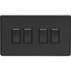 4 Gang Quad Light Switch SCREWLESS MATT BLACK 2 Way 10A Metal Rocker Slim