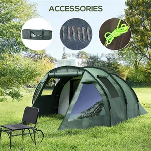 Outsunny 3-4 Persons Tunnel Tent, Two Room Camping Tent w/ Windows, Green