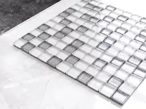 Glass mosaic on mesh for bathroom or kitchen 300mm x 300mm - Silver Crystal