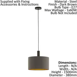 Pendant Ceiling Light Colour Dark Brown Shade Cappuccino Gold Fabric Bulb E27 1x60W