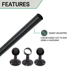 EAI - Hanging Wardobe Rail Kit - Black - 25mm Tube - 1829mm Rail with End & Centre Bracket