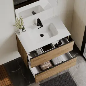 Banyetti Akiro 800mm Wall Hung Basin Unit with Matt Black Handles - Walnut