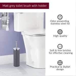 Innoteck Essentials Bathroom Toilet Brush and Holder with Matt Finish and Stainless Steel Handle - GREY.