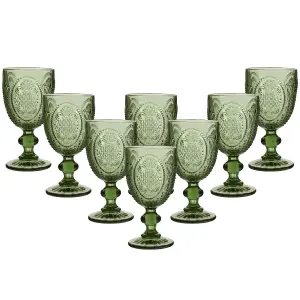 Set of 8 Vintage Luxury Green Embossed Drinking Wine Glass Wine Goblets 310ml