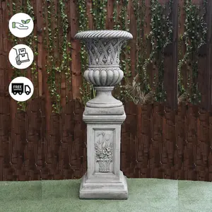 Large Stone Cast Garden Vase and Plinth with Flower Design