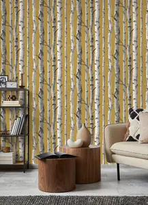 Fine Decor Birch Trees Mustard Wallpaper FD43290