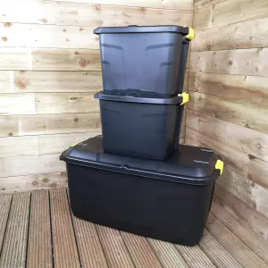 1 x 145L AND 2 x 60L Heavy Duty Trunks 1 on Wheels Sturdy, Lockable, Stackable and Nestable Design Storage Chest Clips in Black