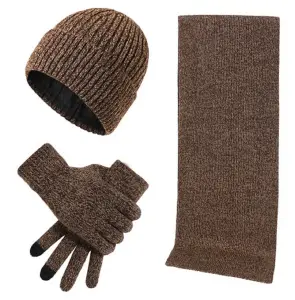 Khaki Autumn & Winter Warm Knitted Acrylic Hat Scarf Gloves Set