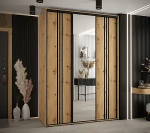 Rustic Oak Artisan Cannes VII Sliding Wardrobe H2050mm W1800mm D600mm with Customisable Black Steel Handles