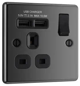 GoodHome Black Nickel Single 13A Raised rounded Switched Screwed Socket with USB, x2 & Black inserts