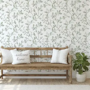 Superfresco Easy Eugenie Green & white Leaves Smooth Wallpaper