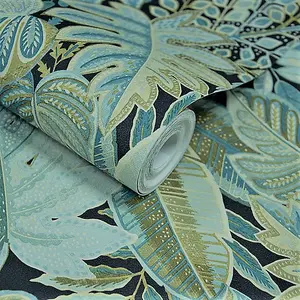 Grandeco Tribal Leaf Foliage Textured Wallpaper, Aqua Blue & Green