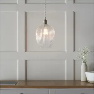 Hanging Ceiling Pendant Light - Bright Nickel Plate & Clear Ribbed Glass - 10W LED E27