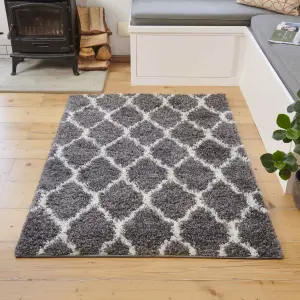 Grey Cream Trellis Scandi Shaggy Living Area Rug 110x160cm