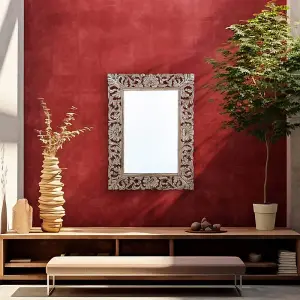 Aza Rectangular Shaped Carved Mirror - Mango Wood - L120 x W90 x H5 cm - Grey