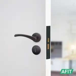 AFIT Matt Black Key Lock Door Handle Set Round Sash Lock, Hinges (76mm) & 2 Escutcheons Novi Range