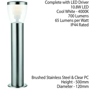 500mm Outdoor LED Lamp Post Bollard Round Brushed Steel 10W Cool White Light